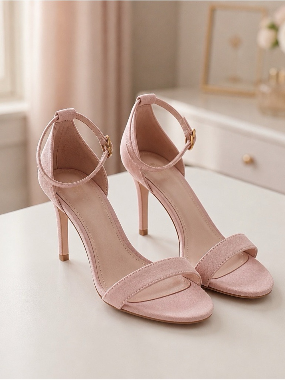 H&M Blush Pink Suede Ankle-Strap Stiletto Heels
